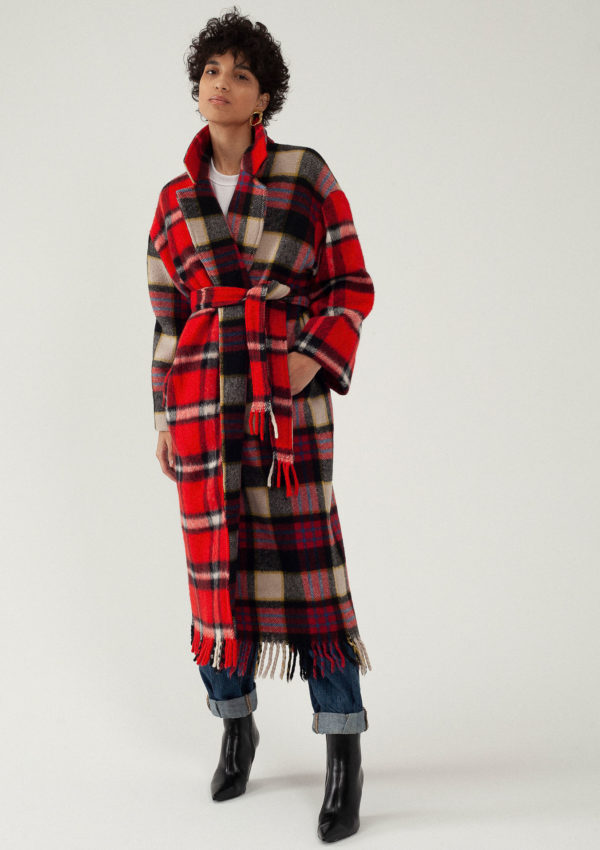 Manteau long en laine à carreaux rouges personnalisabe du créateur Tremblepierre - 1