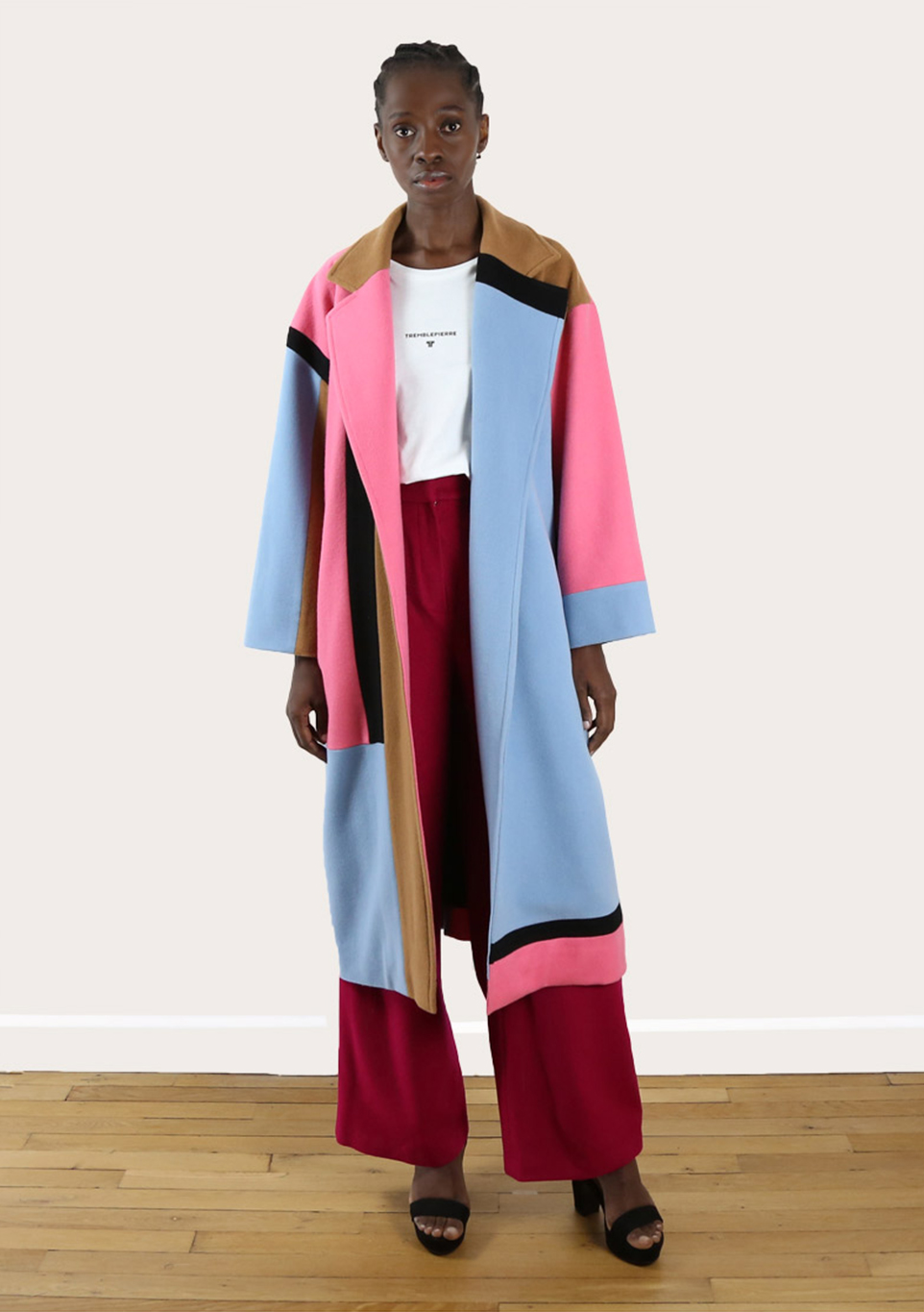 Manteau long coat upcycling color block du créateur Tremblepierre